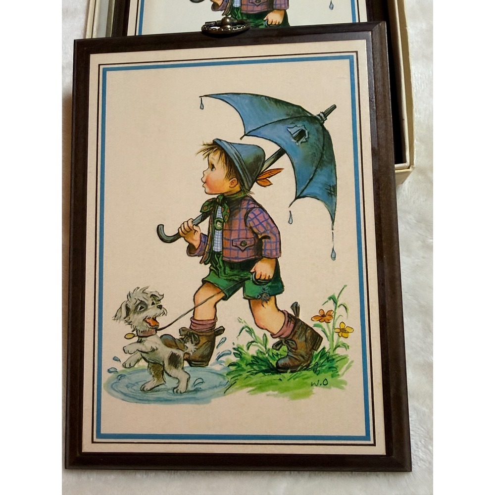 2 Vintage Bright-Plaque Poplar Wood Wall Art Boy Dog Umbrella Hummel Style 6x8